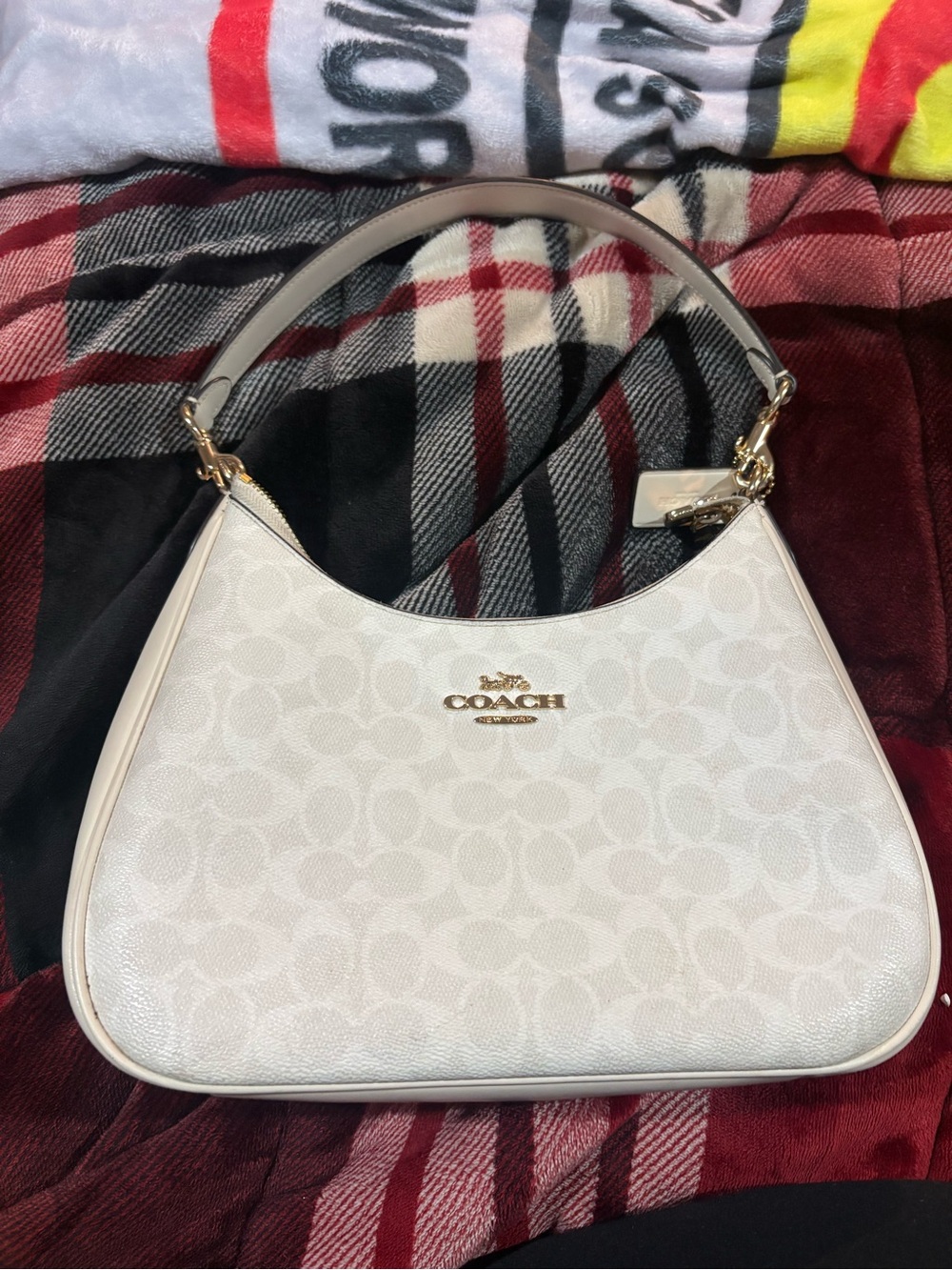 Coach White Signature Crescent Shoulder Bag with Gold Hardware